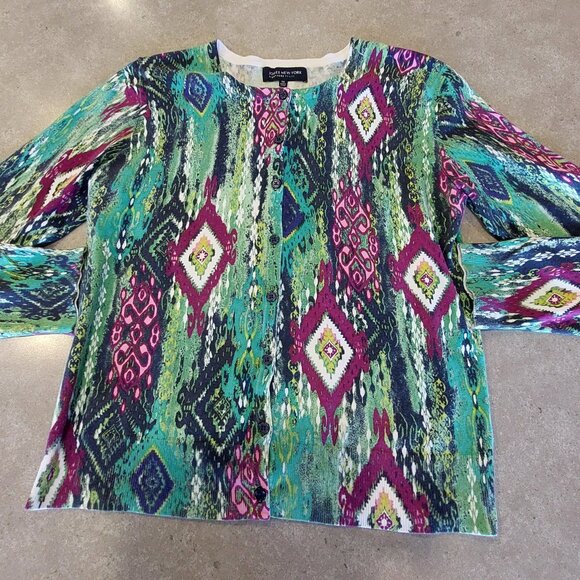 JONES NEW YORK Signature Multi-Colors Graphic Print L/S Button-Down Cardigan PM - Picture 2 of 14